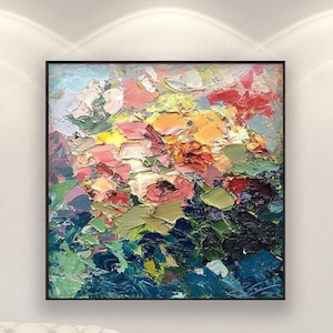 Original Colorful Roses Oil Painting on Canvas, Textured Floral Bouquet Wall Art Decor