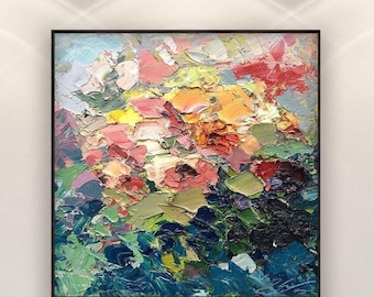 Dipinto originale ad olio su tela con rose colorate, bouquet floreale materico per decorazione murale.