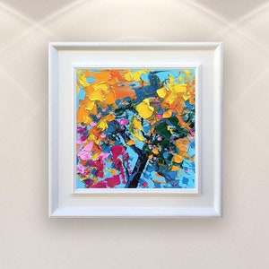 Trees oil painting on canvas, original modern textured floral wall art, framed, perfect for kitchen wall decor and as unique gift for her, displayed on the wall  in a stylish room