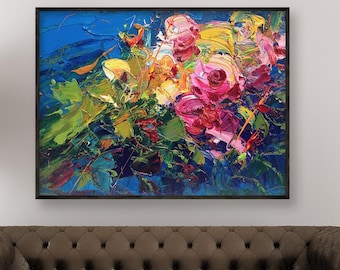 Dipinto originale ad olio su tela con rose colorate, bouquet floreale decorativo da parete.