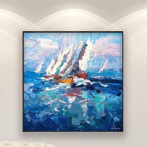 インパストヨット絵画：帆船レガッタ、海景油絵 - Etsy 日本