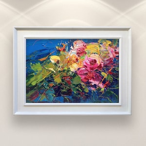 Original Roses Oil Painting, Vibrant Impressionist Floral Fine Art Canvas Statement Art Decor