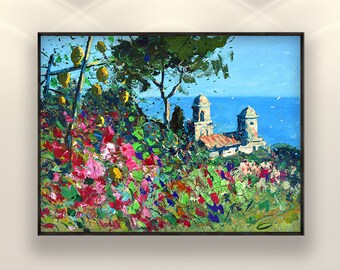 Original Ravello Italy Oil Painting, Modern Impressionist Amalfi Coast Garden Impasto Wall Art