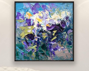 Original Abstract Flowers Oil Painting, Modern Textured Purple Blue Floral Impasto Wall Art Decor