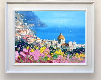 Original Positano Oil Painting, Modern Impressionist Amalfi Coast Seascape Wall Art Decor