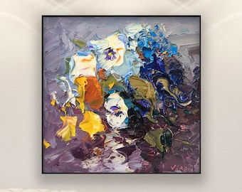 Original Pansy Flowers Oil Painting, Modern Impressionist Yellow Purple Floral Impasto Wall Art Decor