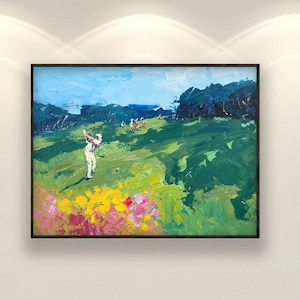Golf Gemälde auf Leinwand, Original Gemälde, Golf Wandkunst, Landschaftsmalerei, Moderne Wandkunst, Büro Wandkunst, große Wandkunst, Geschenk