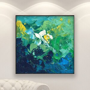 Original Abstraktes Garten Ölgemälde, Moderne Grün Weiße Blumen Impasto Palettenmesser Wandkunst