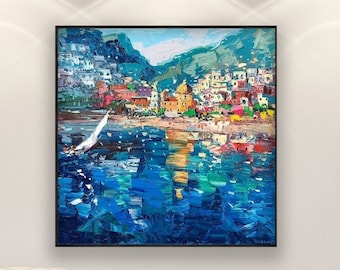 Positano Painting on Canvas, Original Amalfi Coast Artwork, Italy Seascape, Colorful Textured Coastal Wall Art for Living Room, Gift