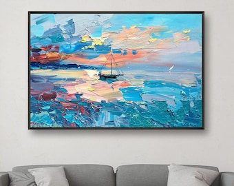 オリジナルの夕日の海の油絵、モダン印象派の帆船の海景、航海と空のウォールアート装飾