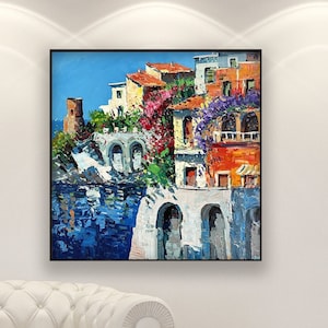 Amalfi Coast Oil Painting on Canvas, Colorful Seascape of Italian Village, Original Coastal Wall Art for Living Room, Gift for Her