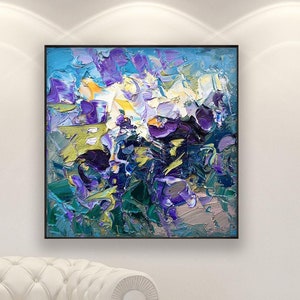Flowers Painting on Canvas, Original Oil Painting, Modern Abstract Floral Wall Art for Bedroom Wall Decor, Home Decor, Unique Gift for Her displayed in a living room with a white sofa