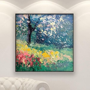 Landscape Painting on Canvas, Original Impressionist Trees Art, Floral Nature Wall Decor, Large Living Room Artwork, Gift for Her