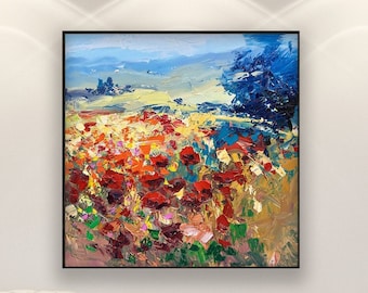 Landscape Painting on Canvas, Original Art, Poppies Painting, Impressionist Art, Tuscany Painting, Living Room Art, Large Wall Art, Gift