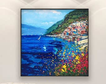 Lake Como Painting on Canvas, Original Painting, Oil Painting, Italy Wall Art, Landscape Painting, City Art, Living Room Wall Art, Large Art