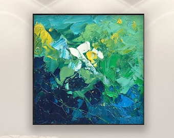 Abstract Painting on Canvas, Original Art, Modern Art, Contemporary Art, Wall Art for Living Room, Large Painting, Square Green Blue Art