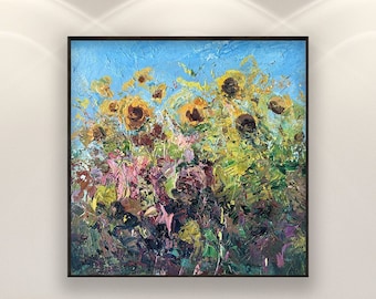 Sunflowers Paintings on Canvas, Original Art, Oil Painting, Flower Painting, Floral Wall Art, Textured Art, Modern Art, Living Room Wall Art