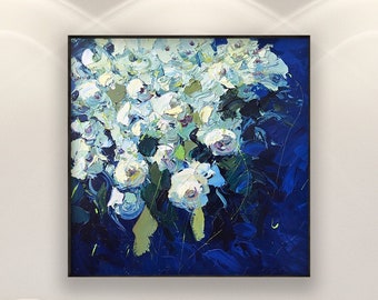 Roses blanches, peinture sur toile, oeuvre d'art originale, peinture de fleurs, art floral, art impressionniste, art mural de salon, grande oeuvre d'art, cadeau femme