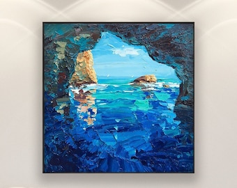 Blue Grotto Painting, Capri Island Painting, Original Art, Seascape Painting, Impressionist Art, Ocean Blue Art, Square Art, Room Wall Art