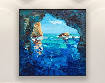 Blue Grotto Painting, Capri Island Painting, Original Art, Seascape Painting, Impressionist Art, Ocean Blue Art, Square Art, Room Wall Art