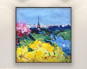 Dipinto originale ad olio della Torre Eiffel di Parigi, paesaggio urbano francese impressionista moderno con fiori e skyline, opera d'arte murale