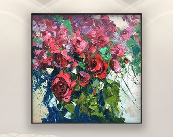 Red Roses Painting on Canvas, Original Art, Flowers Painting, Floral Art, Impressionist Art, Room Wall Art, Anniversary Gift for Her