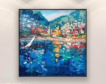 Positano Painting on Canvas, Original Art, Amalfi Coast, Italy Painting, Colorful Painting, Living Room Decor, Square Large Wall Art, Gift