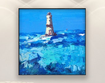 Lighthouse Painting on Canvas, Original Art, Ocean Painting, Impressionist Art, Waves Painting, Nautical Art, Living Room Wall Art, Gift