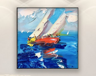 Boats Painting on Canvas, Original Art, Ocean Wall Art, Sailboat Art, Nautical Wall Decor, Modern Art, Living Room Wall Art, Large Wall Art