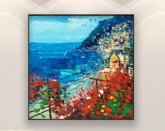 Peinture de Positano sur toile, oeuvre d'art originale, peinture de l'Italie, art de paysage marin de la côte amalfitaine, art impressionniste, art mural de salon, cadeau unique