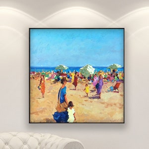 Peinture de plage sur toile, peinture originale, art de plage, scène de personnes, peinture de mer, art impressionniste, art mural de salon, grande oeuvre d'art mural