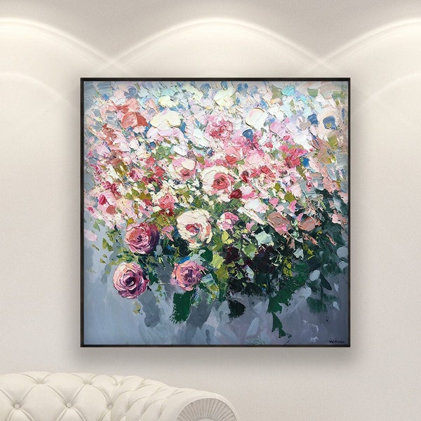 Roses blanches roses, peinture sur toile, oeuvre d'art originale, peinture de fleurs, peinture florale, art moderne, empâtement, grand art mural, cadeau pour femme