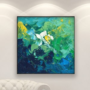 Abstract Floral Oil Painting on Canvas, Original Modern Wall Art, Large Square Green and Blue Painting for Living Room Decor