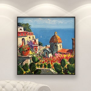 Peinture Positano sur toile, oeuvre d'art originale, côte amalfitaine, peinture en Italie, peinture de paysage marin, art moderne, art de salon, art mural texturé