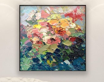 Pintura de rosas sobre lienzo, arte original, arte floral de pared, flores empastadas modernas, decoración texturizada para sala de estar, pintura grande, regalo para ella