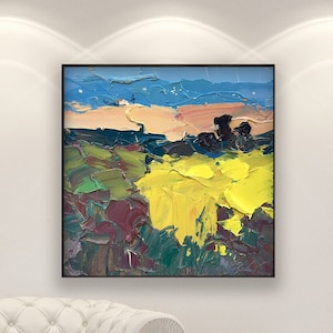 Abstract Landscape Oil Painting on Canvas, Original Textured Modern Wall Art for Large Living Room Wall Art, Square Wall Decor and Gift