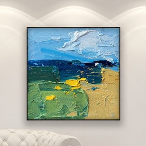 Abstract Landscape Oil Painting on Canvas, Original Modern Painting, Square Textured Wall Art for Living Room Decor, Large Wall Art, Gift