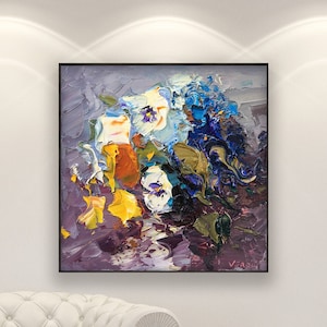 Pansies Painting on Canvas, Original Painting, Flowers Art, Floral Wall Art, Modern Wall Art, Wall Decor Living Room, Large Wall Art, Gift image 1