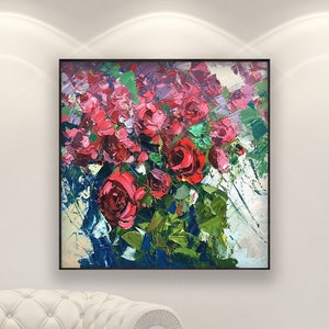 Red Roses Painting on Canvas, Original Art, Flowers Painting, Floral Art, Impressionist Art, Room Wall Art, Anniversary Gift for Her