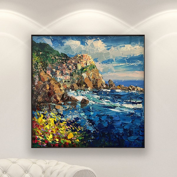 Manarola Painting on Canvas, Original Painting, Oil Painting, Cinque Terre, Italy Painting, Modern Art, Living Room Wall Art, Unique Gift