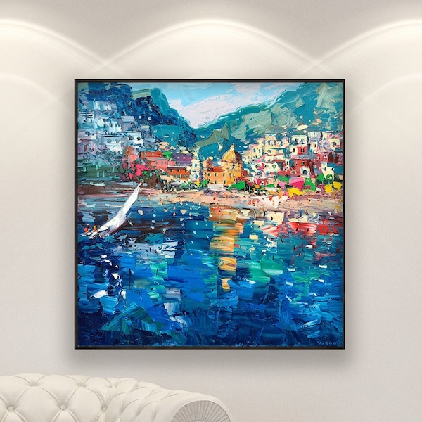 Positano Painting on Canvas, Original Art, Amalfi Coast, Italy Painting, Colorful Painting, Living Room Decor, Square Large Wall Art, Gift
