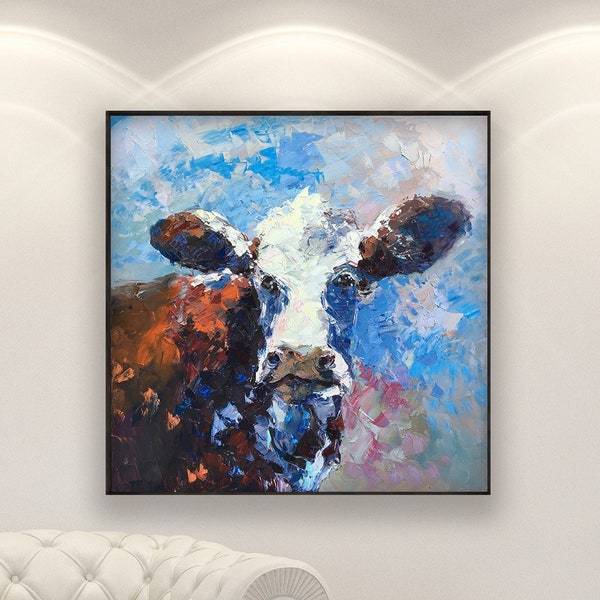 Vache brune, peinture sur toile, oeuvre d'art originale, peinture animalière, art vache, portrait vache, art mural vache, peinture ferme, décoration murale ferme, cadeau