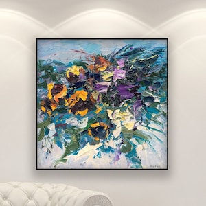 Flowers Painting on Canvas, Original Painting, Floral Wall Art, Sunflowers Painting, Modern Art, Living Room Wall Art, Large Wall Art, Gift