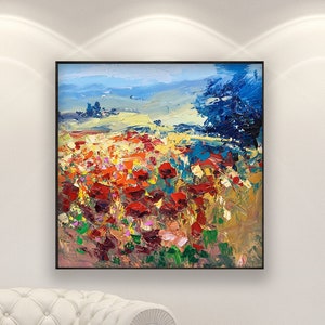 Landscape Painting on Canvas, Original Art, Poppies Painting, Impressionist Art, Tuscany Painting, Living Room Art, Large Wall Art, Gift