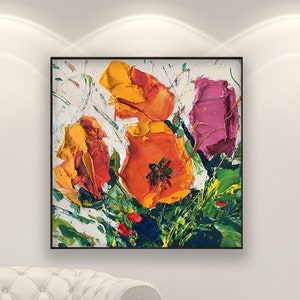 Bunte Blumen Ölgemälde auf Leinwand, Original Blumenkunst, moderne orange und rosa Tulpen Gemälde, große Wandkunst für die Küche Wanddekor
