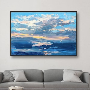 Sunset Painting on Canvas, Original Oil Painting, Clouds Seascape Art, Impressionist Sky, Textured Coastal Wall Art, Large Living Room Decor