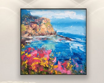 Peinture sur toile Cinque Terre, peinture originale, peinture de Manarola, art italien, peinture de paysage marin, art impressionniste, art mural de chambre, cadeau