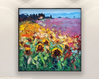 Peinture de paysage sur toile, oeuvre d'art originale, peinture de tournesols, peinture de lavande, peinture de l'Italie, art moderne, oeuvre d'art murale, grande oeuvre d'art