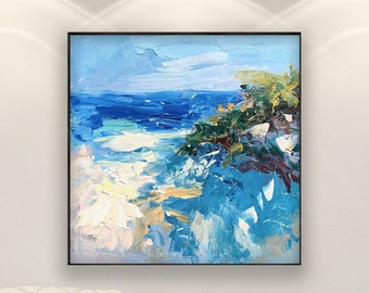 Beach Painting on Canvas, Original Art, Ocean Art, Sea Painting, Impressionist Art, Coastal Painting, Living Room Wall Art, Large Wall Art