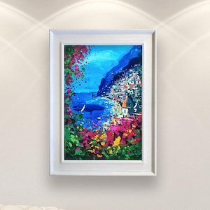 Positano Oil Painting on Canvas, Original Textured Amalfi Coast Art, Colorful Italian Wall Decor, Seascape Painting, Italy Gift